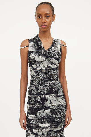 Black 
White Mesh Floral Ruched Dress