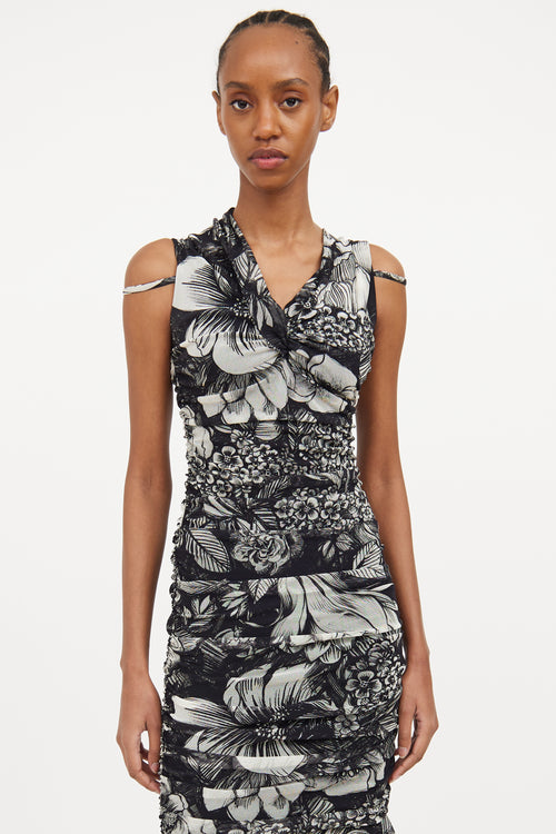 Black 
White Mesh Floral Ruched Dress