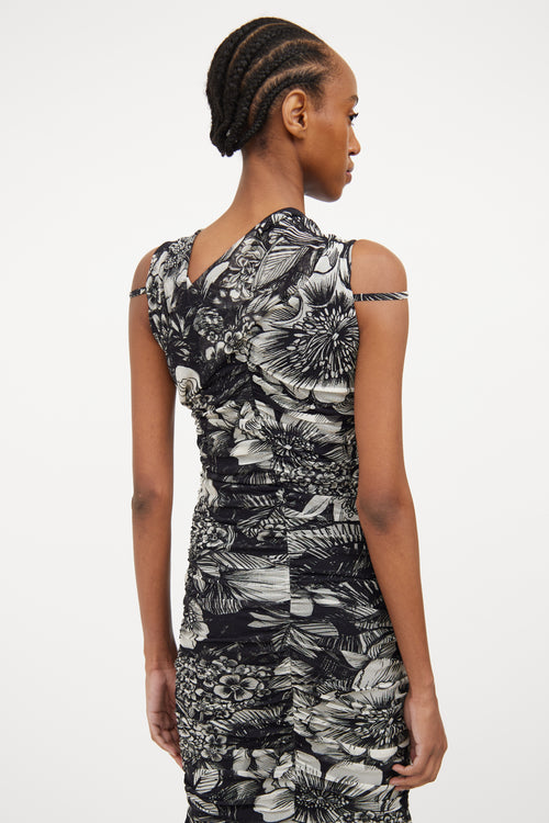 Black 
White Mesh Floral Ruched Dress