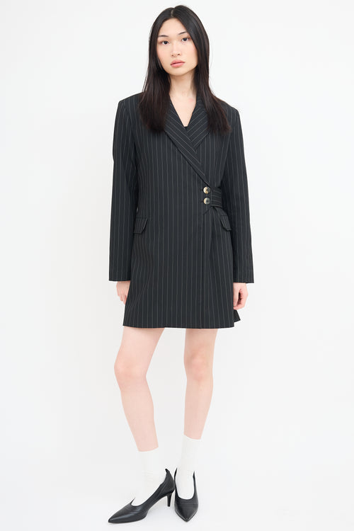 Ganni Black Pinstripe Belted Blazer