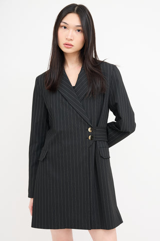 Ganni Black Pinstripe Belted Blazer