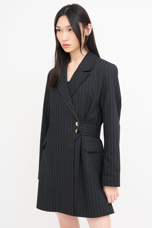 Ganni Black Pinstripe Belted Blazer