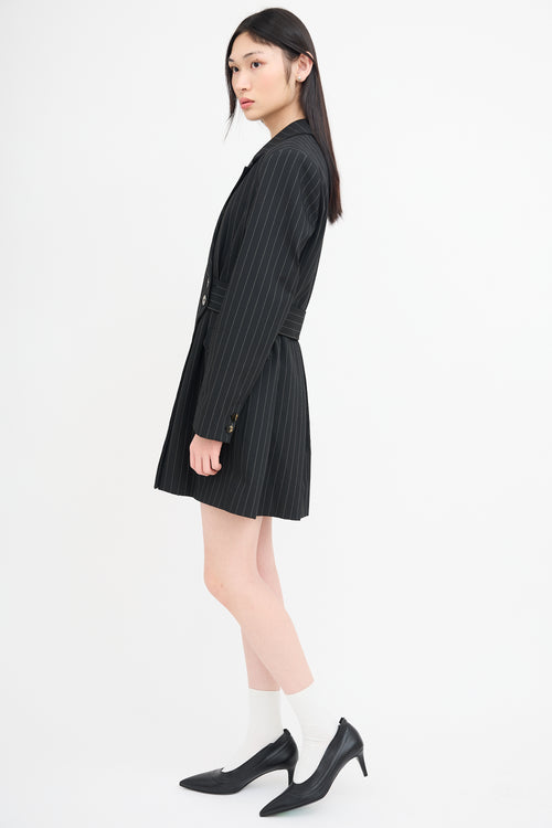 Ganni Black Pinstripe Belted Blazer