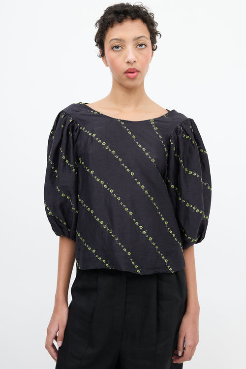 Ganni Black 
Green Silk 
Linen Floral Blouse