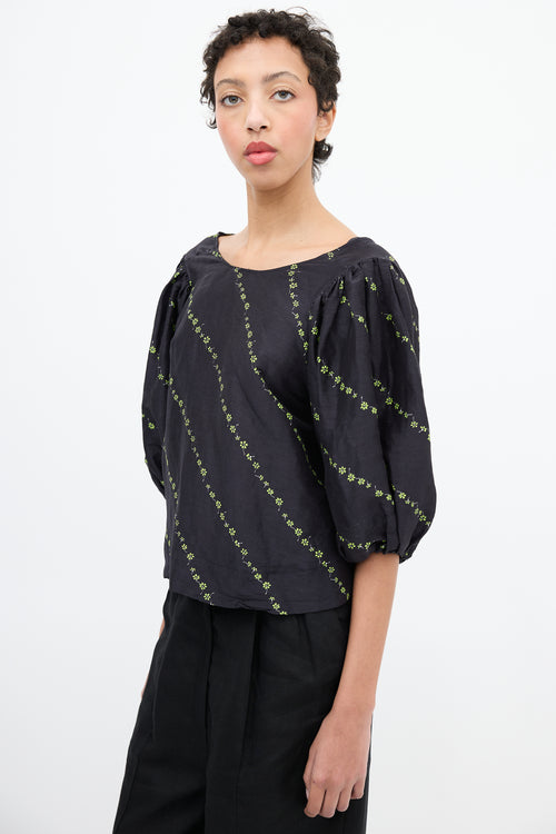 Ganni Black 
Green Silk 
Linen Floral Blouse