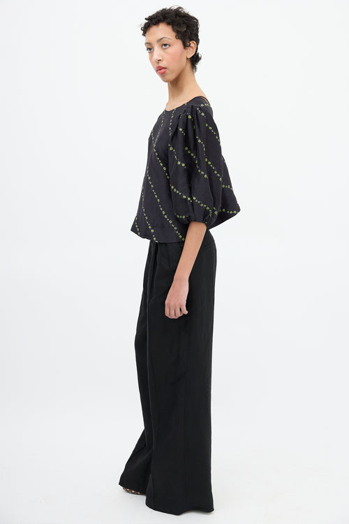 Ganni Black 
Green Silk 
Linen Floral Blouse