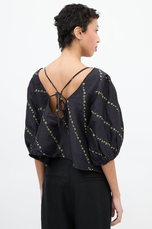 Ganni Black 
Green Silk 
Linen Floral Blouse