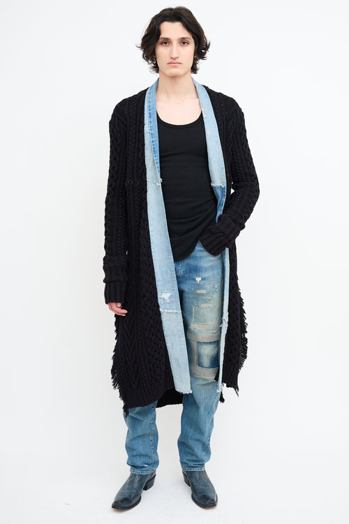 Greg Lauren Black Knit 
Denim Open Cardigan