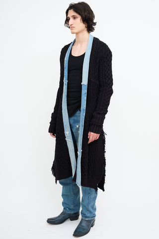 Greg Lauren Black Knit 
Denim Open Cardigan