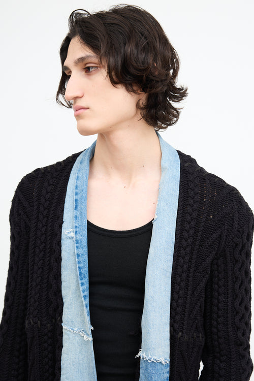 Greg Lauren Black Knit 
Denim Open Cardigan