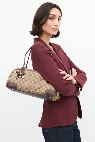 Gucci Brown Leather 
Canvas GG Princy Boston Shoulder Bag