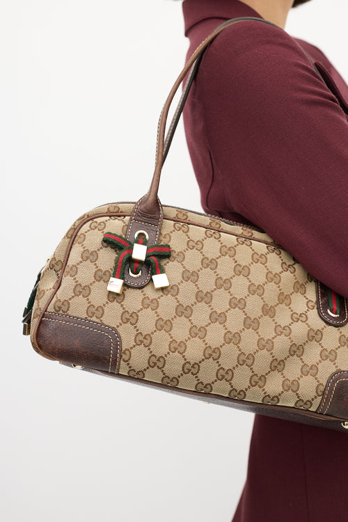 Gucci Brown Leather 
Canvas GG Princy Boston Shoulder Bag