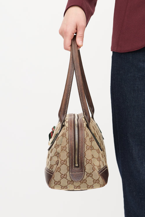 Gucci Brown Leather 
Canvas GG Princy Boston Shoulder Bag