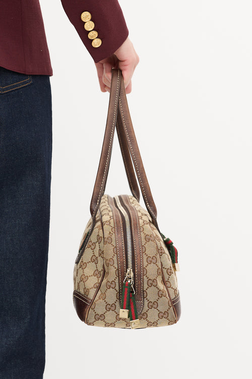 Gucci Brown Leather 
Canvas GG Princy Boston Shoulder Bag