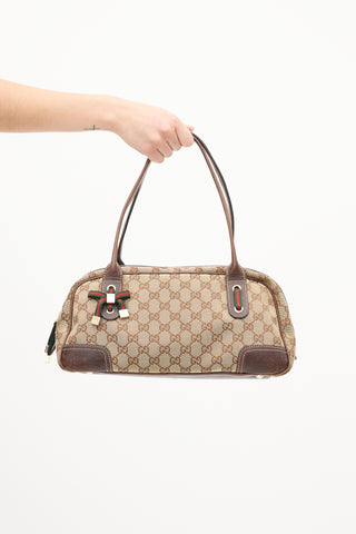 Gucci Brown Leather 
Canvas GG Princy Boston Shoulder Bag