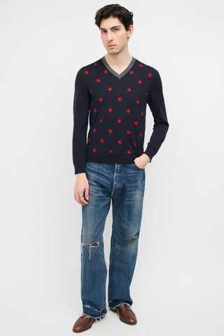 Gucci Navy 
Red Wool Printed Sweater