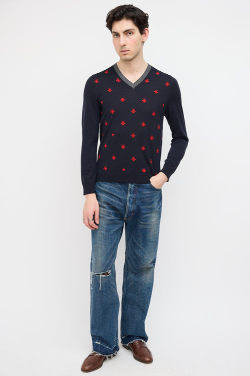 Gucci Navy 
Red Wool Printed Sweater