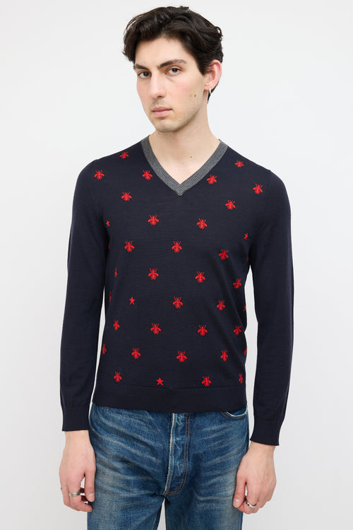 Gucci Navy 
Red Wool Printed Sweater