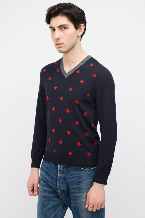 Gucci Navy 
Red Wool Printed Sweater