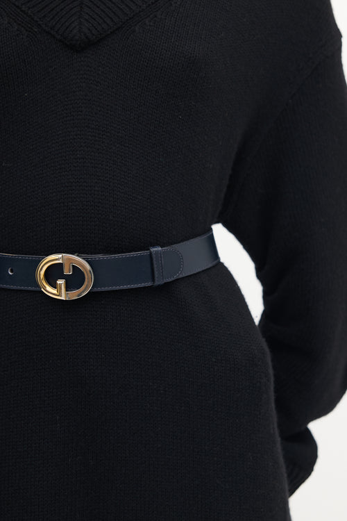 Gucci Navy Leather Two Tone GG Buckle Belt