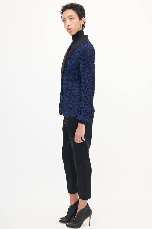 Gucci Navy Floral Lace Tuxedo Blazer