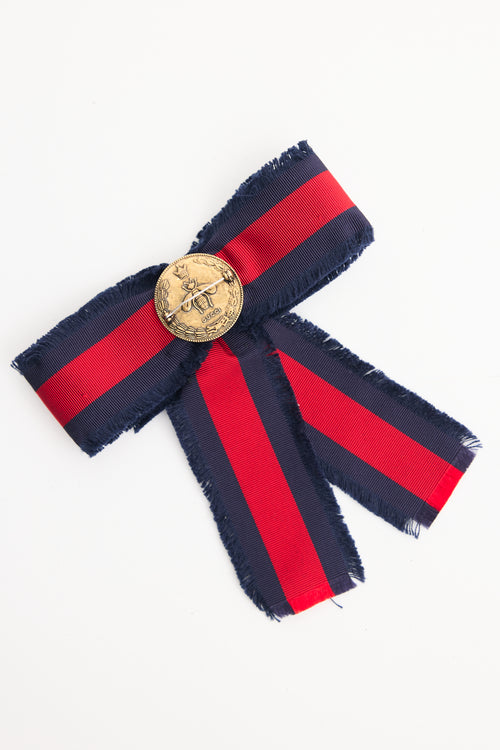 Gucci Navy 
Red Web Embellished Bow Brooch