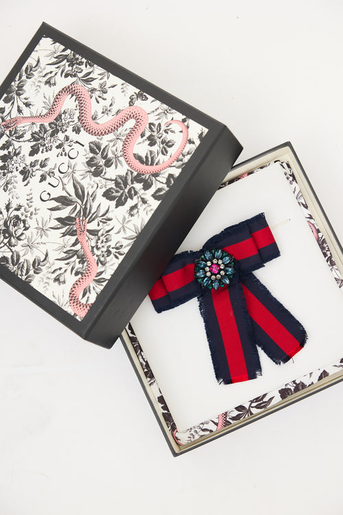 Gucci Navy 
Red Web Embellished Bow Brooch