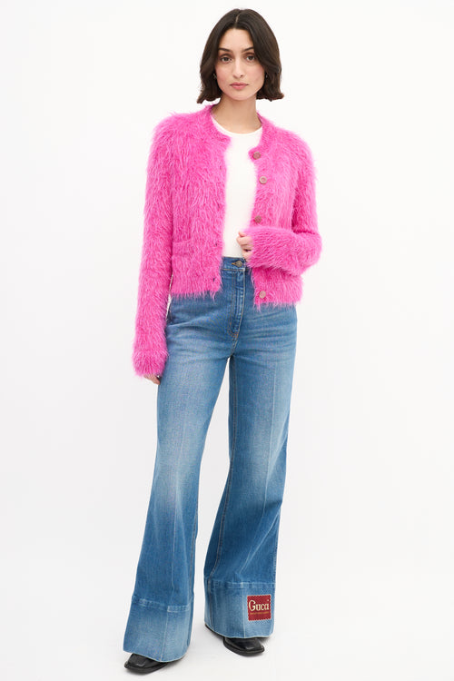 Gucci Pink Brushed Mohair Wool GG Cardigan