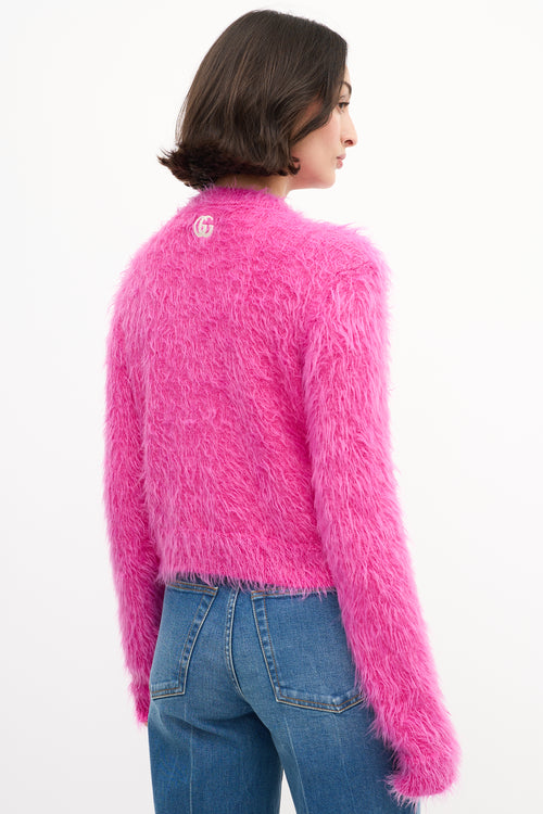 Gucci Pink Brushed Mohair Wool GG Cardigan