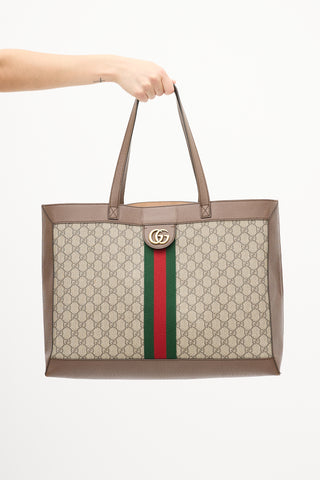 Gucci Brown Leather 
Canvas GG Supreme Ophidia Tote Bag