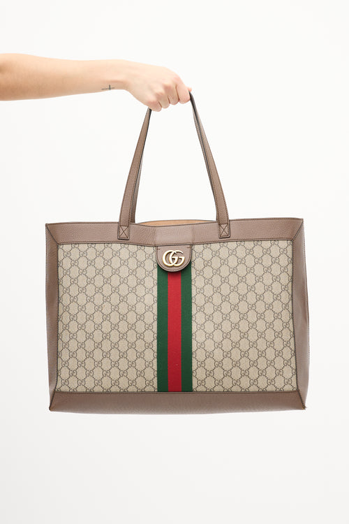 Gucci Brown Leather 
Canvas GG Supreme Ophidia Tote Bag