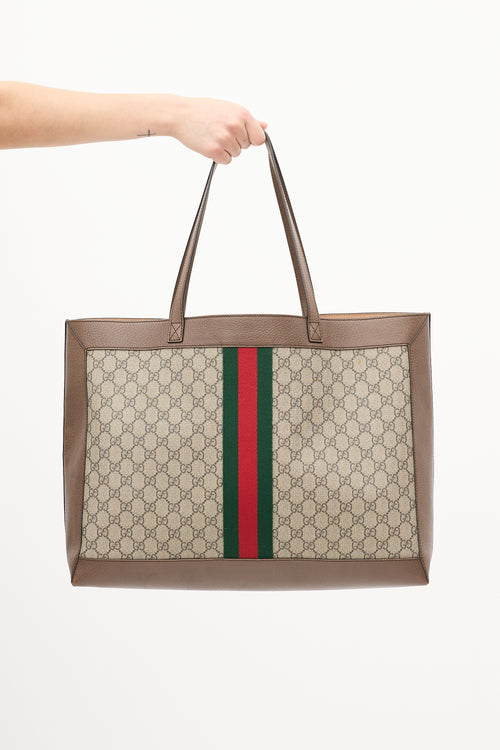 Gucci Brown Leather 
Canvas GG Supreme Ophidia Tote Bag