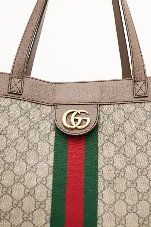 Gucci Brown Leather 
Canvas GG Supreme Ophidia Tote Bag