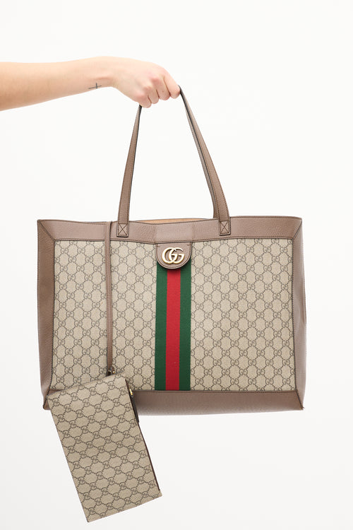 Gucci Brown Leather 
Canvas GG Supreme Ophidia Tote Bag