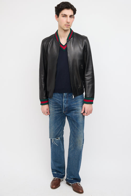 Gucci Black Leather Web Collar Bomber Jacket