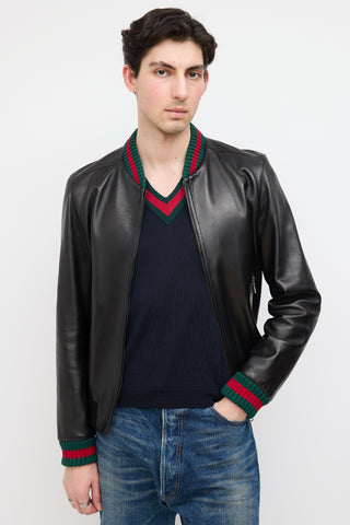 Gucci Black Leather Web Collar Bomber Jacket