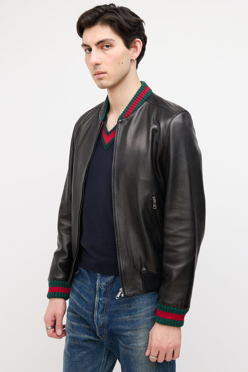 Gucci Black Leather Web Collar Bomber Jacket