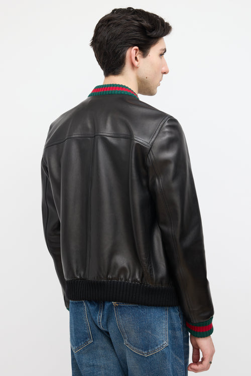 Gucci Black Leather Web Collar Bomber Jacket