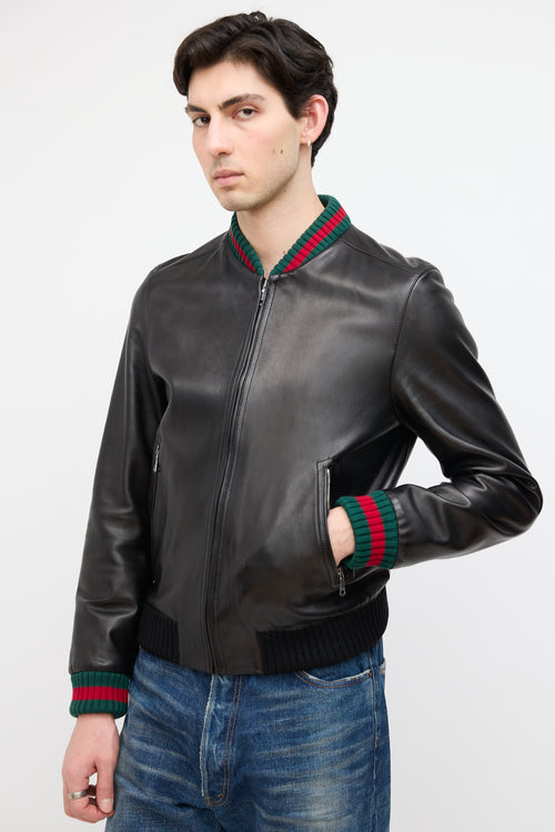 Gucci Black Leather Web Collar Bomber Jacket