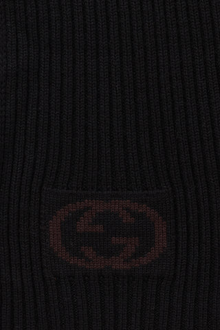 Gucci Black Wool Ribbed GG Logo Scarf