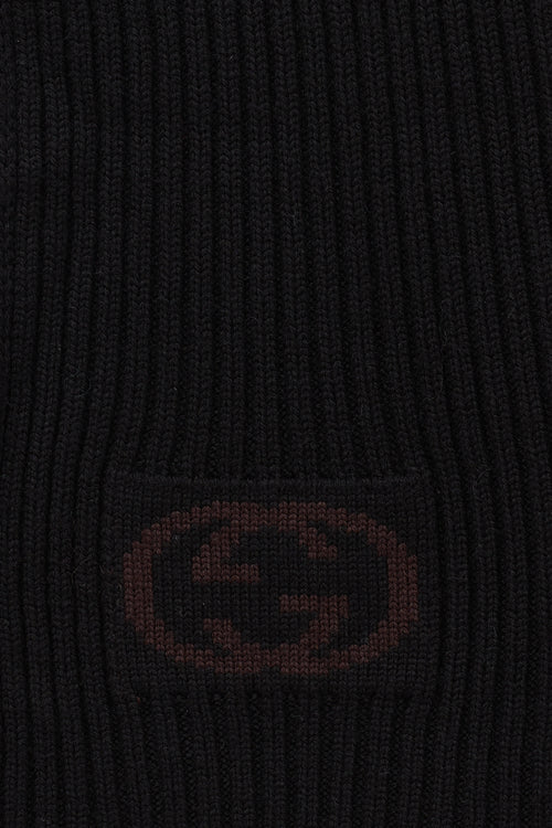 Gucci Black Wool Ribbed GG Logo Scarf