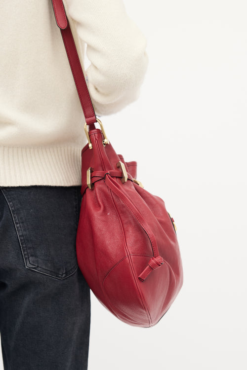 Gucci Red Leather Messenger Drawstring Bag