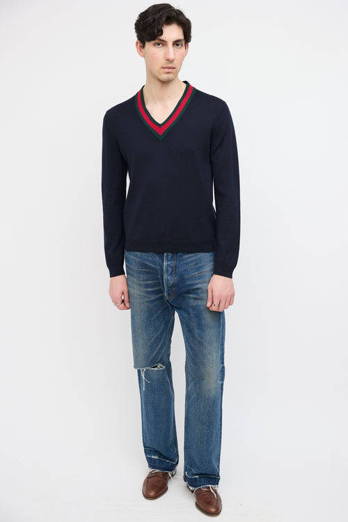 Gucci Navy Wool Web Trim Sweater