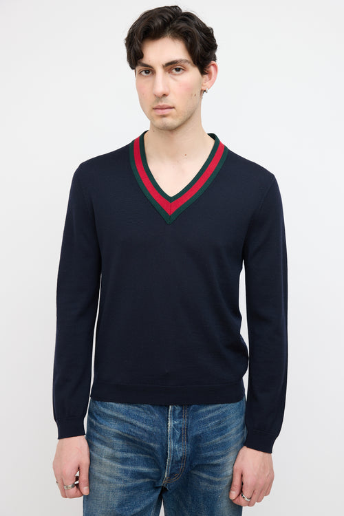 Gucci Navy Wool Web Trim Sweater