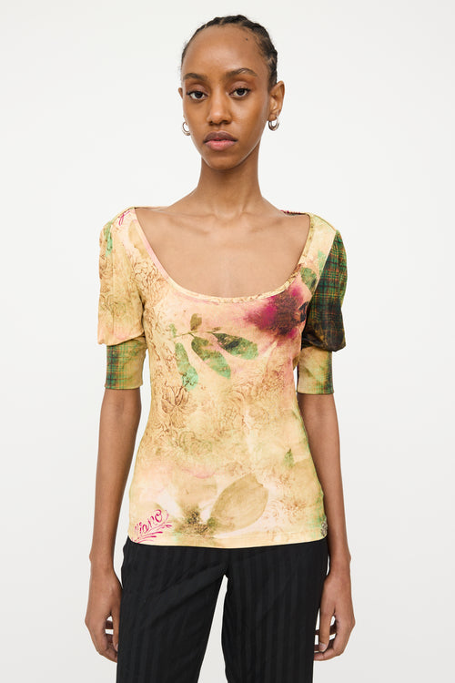 John Galliano Beige 
Multicolour Floral Mesh Top