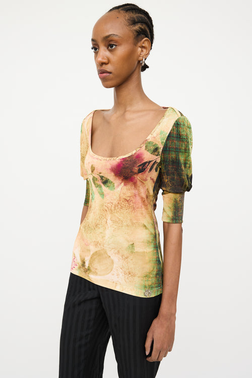 John Galliano Beige 
Multicolour Floral Mesh Top