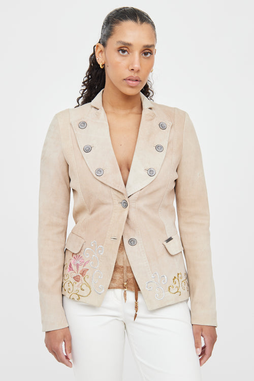 Galliano Beige 
Multicolour Suede Embroidered Blazer