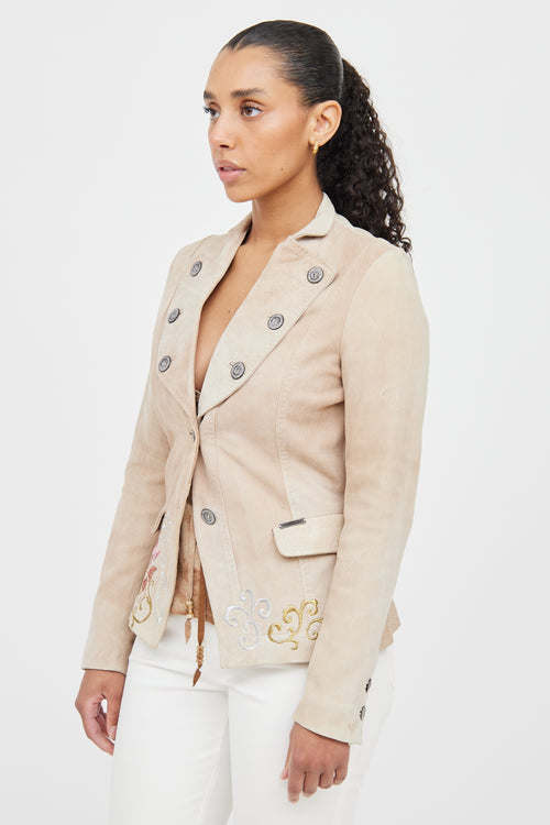 Galliano Beige 
Multicolour Suede Embroidered Blazer