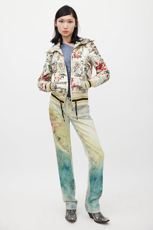 Galliano Cream 
Multicolour Floral Newsprint Bomber Jacket