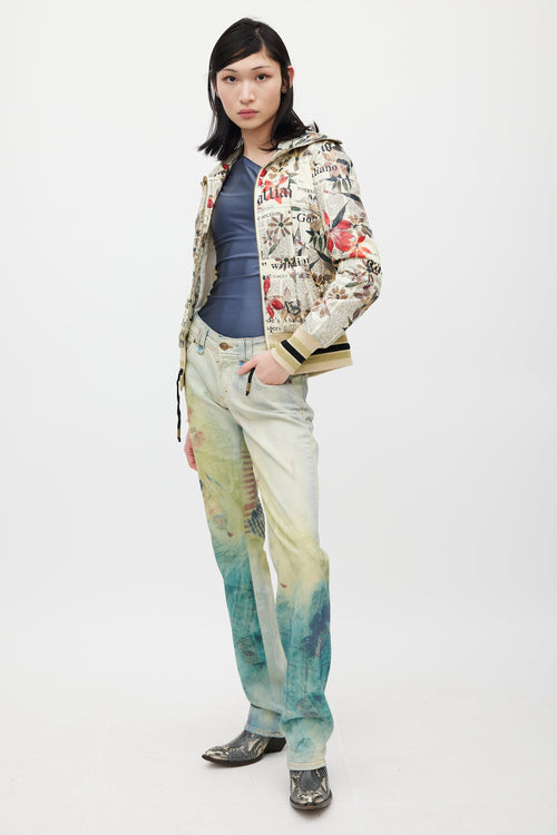 Galliano Cream 
Multicolour Floral Newsprint Bomber Jacket